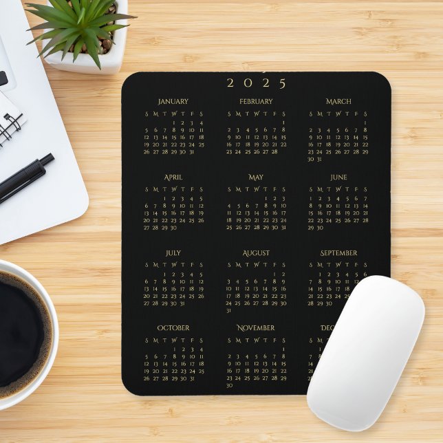Mousepad Escritório Doméstico de Calendário de Cheio Dourad (Black Gold 2025 Full Year Calendar Home Office Mouse Pad)