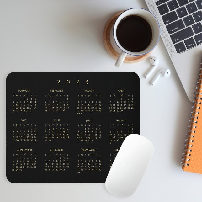 Mousepad Escritório doméstico do calendário do ano de Cheio (2025 Black Gold Full Year Calendar Home Office Mouse Pad)
