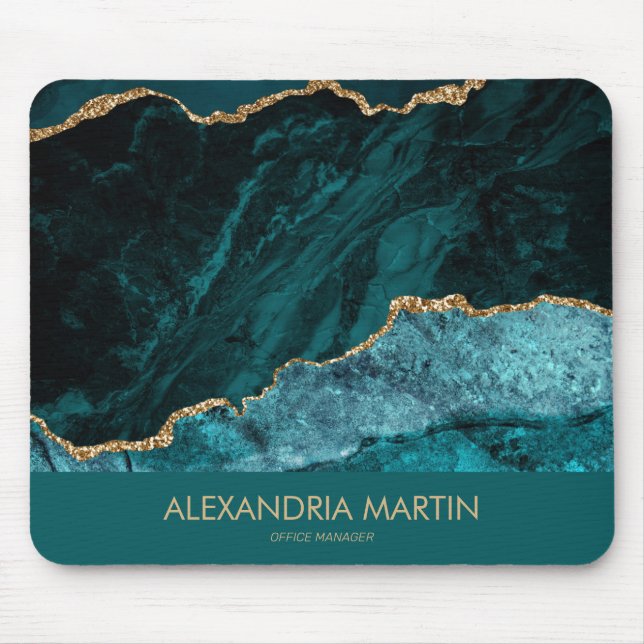 Mousepad Escritório Elegante Dourado do Teal Glitter Marble (Frente)
