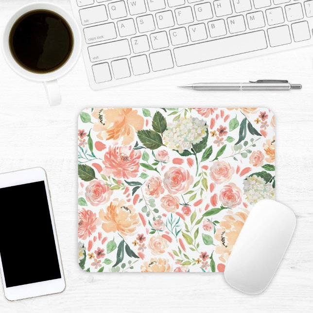 Mousepad Escritório Floral de primavera Blush e Peach Water (Criador carregado)