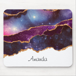 Mousepad Espaço Azul e Roxo e Estrelas com Faixa Dourada