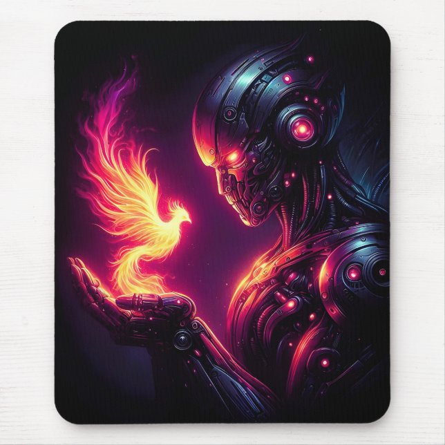 Mousepad Espírito de Fogo Fênix Robô Futurista Cibernético (Frente)