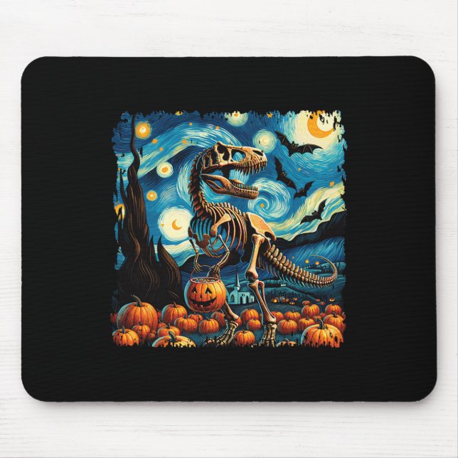 Mousepad Esqueleto de T-rex Halloween Van Gogh Noite Estrel (Frente)