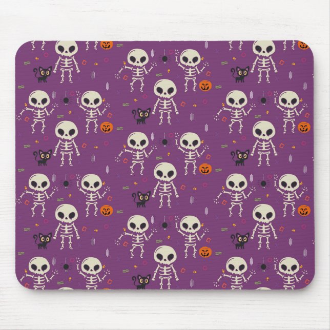 Mousepad Esqueletos Fofos Padrão de Halloween Roxo (Frente)