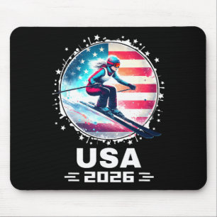 Mousepad Esquiadora Equipe Esqui EUA 2026 Esqui Bandeira Am