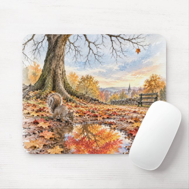Mousepad Esquilo de Outono com Reflexo na Poça (Com mouse)