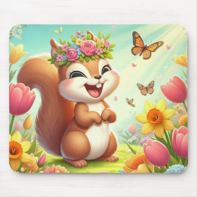 Mousepad Esquilo de primavera feliz e bonito (Frente)