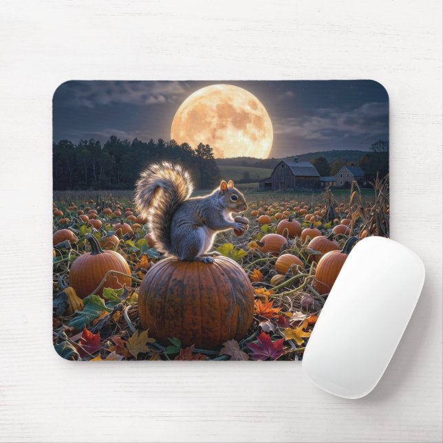 Mousepad Esquilo em um Campo de Abóboras com Lua de Colheit (Com mouse)
