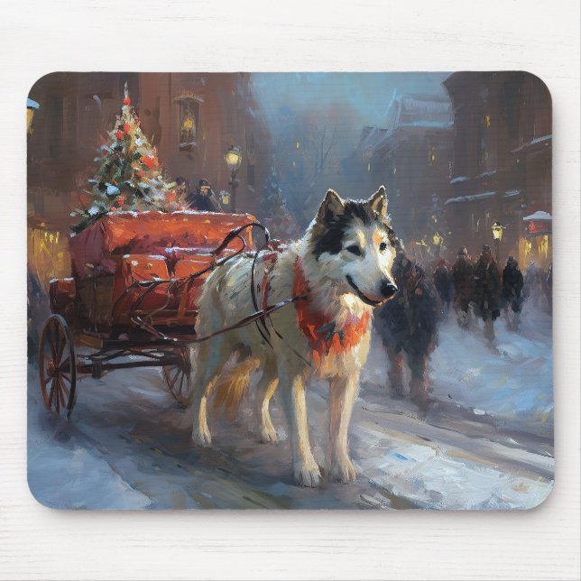 Mousepad Estação Festiva de Natal do Alaska Malamute (Frente)