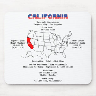 Mousepad Estado da Califórnia Americana em um mapa e infor