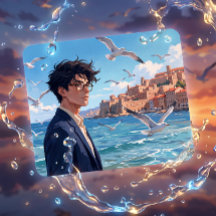 Estética de Anime Cidade Costeira Azul Brilhante