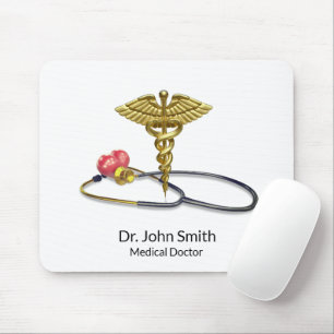 Mousepad Estetoscópio Médico Dourado & Caduceu com Coração