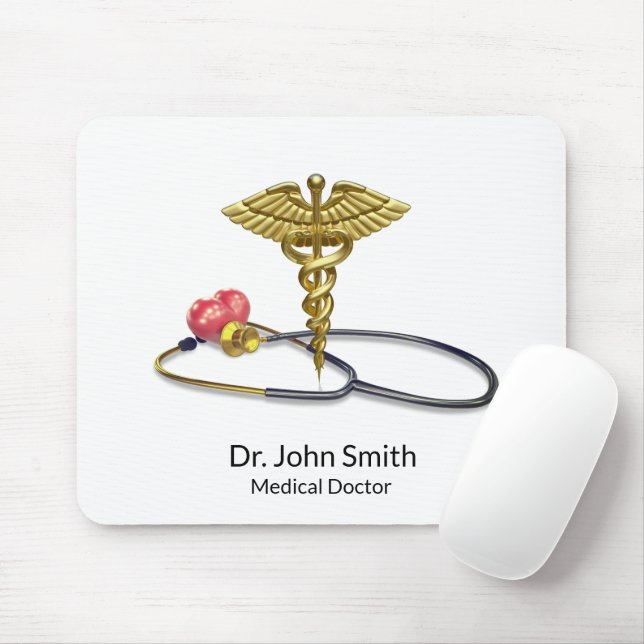 Mousepad Estetoscópio Médico Dourado & Caduceu com Coração (Com mouse)