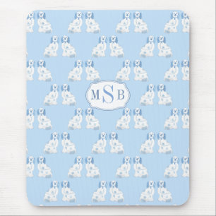 Mousepad Estilo Chinoiserie Cães Azul E Branco Monograma
