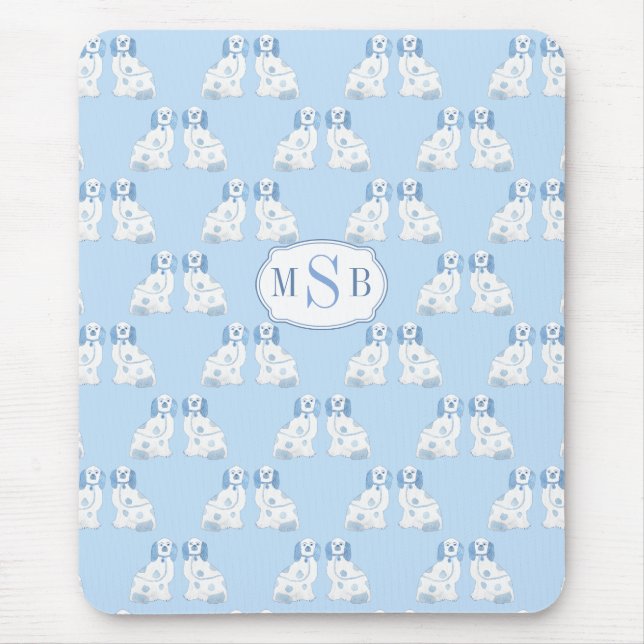 Mousepad Estilo Chinoiserie Cães Azul E Branco Monograma (Frente)