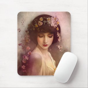 Mousepad Estilo Vintage Retrato da Linda Mulher Floral