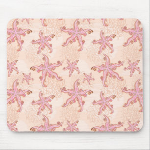 Mousepad Estrelas-do-mar e Coral Padrão Pastel Rosa