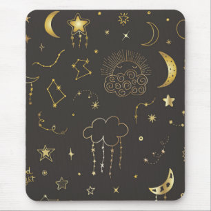 Mousepad Estrelas Douradas Celestiais, Lua e Constelações