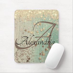 Mousepad Estrelas Douradas do Monograma em Verde Mar