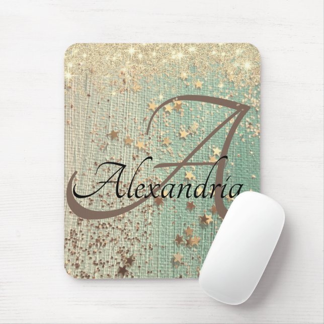 Mousepad Estrelas Douradas do Monograma em Verde Mar (Com mouse)