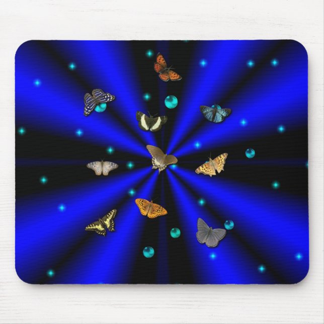 Mousepad Estrelas, Pérolas e Borboletas em preto e azul (Frente)