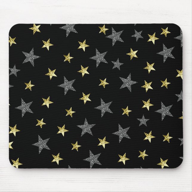 Mousepad Estrelas Prateadas e Douradas Glamour Estrela Negr (Frente)
