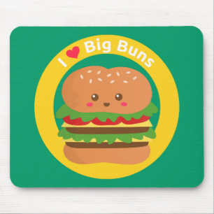 Mousepad Eu amo bolos grandes, hamburguer grande de Kawaii