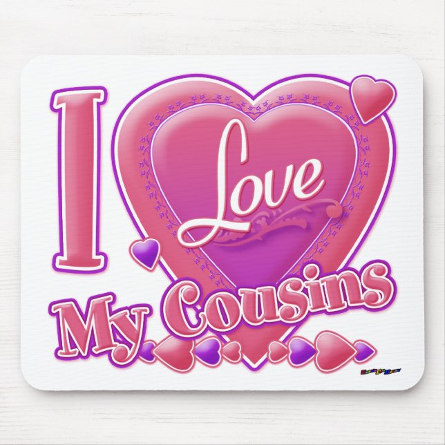 Mousepad Eu Amo Meus Primos rosa/roxo - coração (Frente)