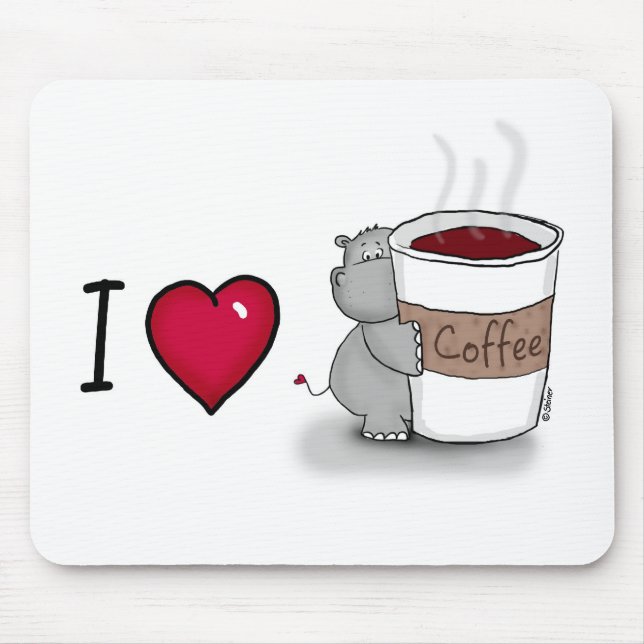 Mousepad Eu amo o café - hipopótamo com uma chávena de café (Frente)