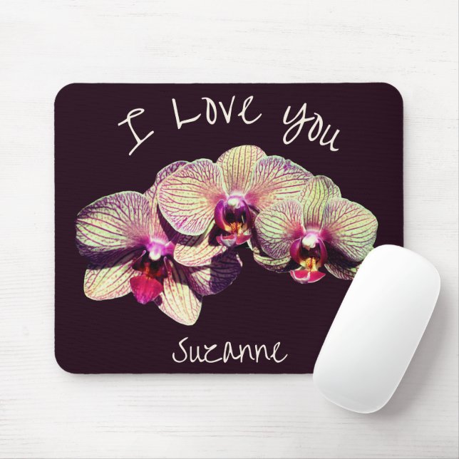 Mousepad Eu Amo Você Trio de Flores de Orquídea Personaliza (Com mouse)