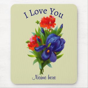 Mousepad Eu Te Amo Buquê Flor Íris Azul Personalizado