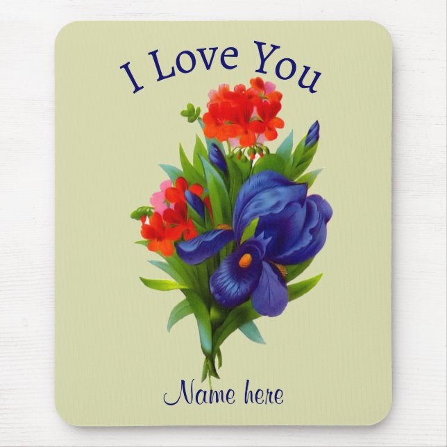 Mousepad Eu Te Amo Buquê Flor Íris Azul Personalizado (Frente)