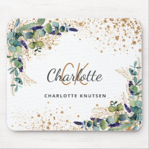 Mousepad Eucalyptus greenery gold glitter nome monograma