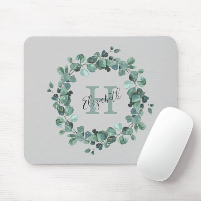 Mousepad Eucalyptus Greenery Monograma Personalizado (Com mouse)