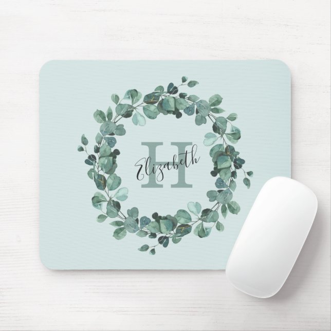 Mousepad Eucalyptus Greenery Monograma Personalizado (Com mouse)