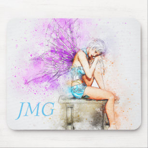 Mousepad Fada da aguarela no azul com monograma