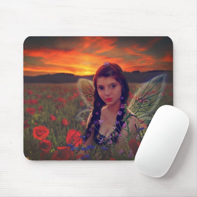 Mousepad Fada no Sunset em campo de papo Fantasia Arte (Com mouse)