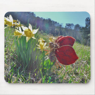 Mousepad fadas de asa vermelha e narcisos