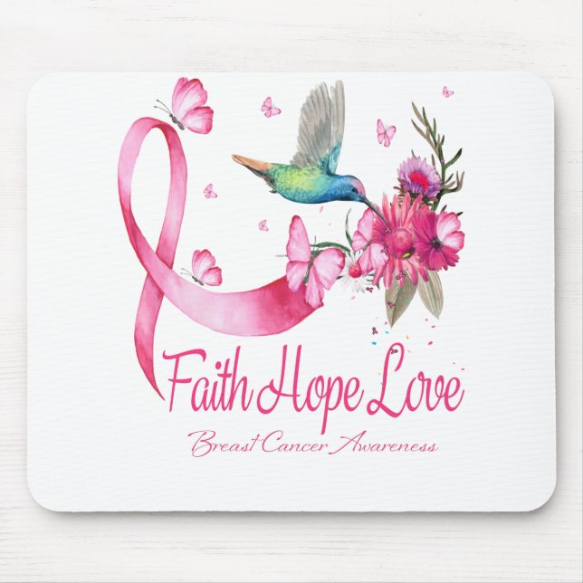 Mousepad Faith Hope Love Hummingbird Ribbon Breve Cancer (Frente)