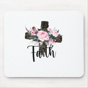 Mousepad Faith Wood Cross com Flores, Christian Faith