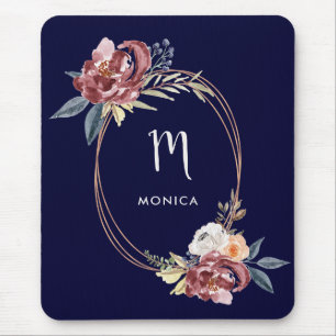 Mousepad Fall Burgundy Floral e Rosa Dourado  Monograma Mar