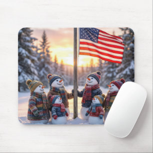 Mousepad Família de Bonecos de Neve em Torno de um Mastro d