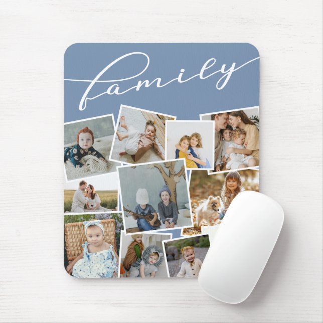 Mousepad Família de Colagem de Fotos Espalhadas Azul Slate (Com mouse)