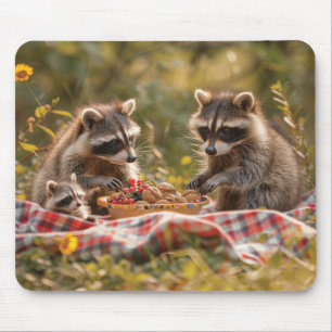 Mousepad Família de guaxinim bonito tendo um piquenique