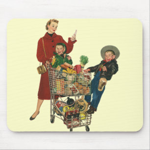Mousepad Família Retro, Mãe e Crianças Carrinho de Compras