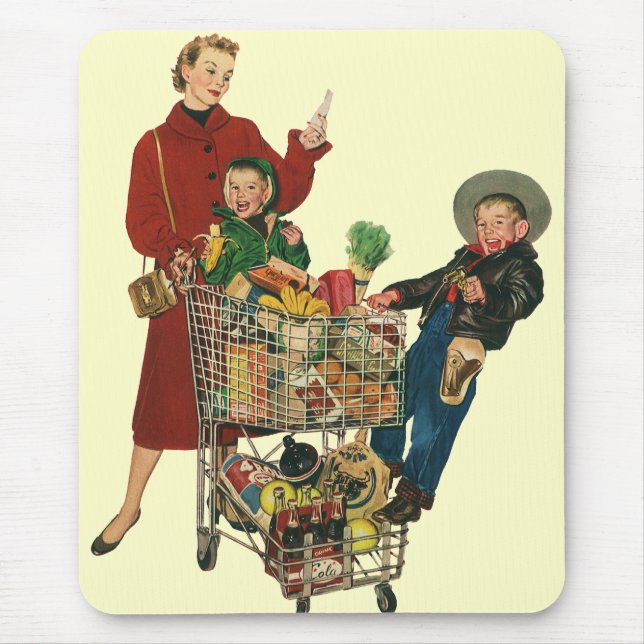 Mousepad Família Retro, Mãe e Crianças Carrinho de Compras  (Frente)