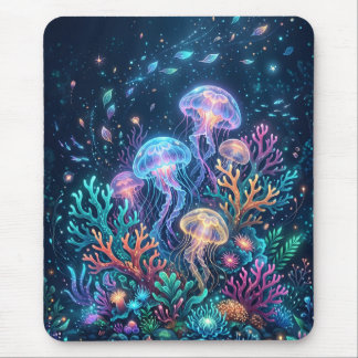 Mousepad Fantasia de Água-viva Brilhante no Oceano Subaquát