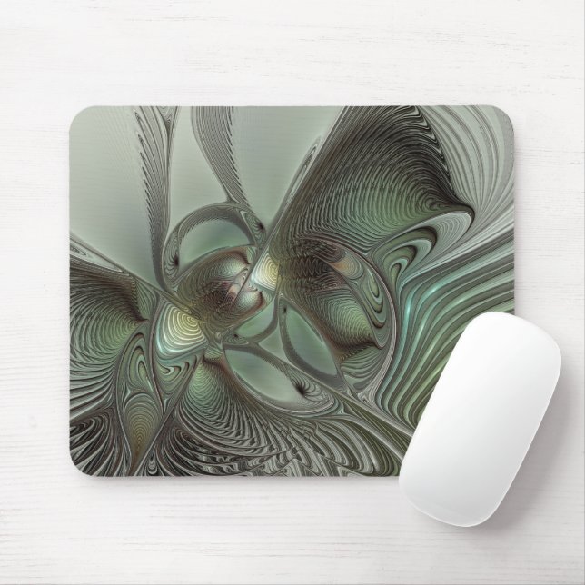 Mousepad Fantasia de Arte Fractal da Cinza Olive Sage (Com mouse)