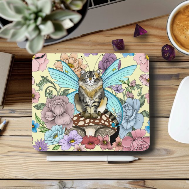 Mousepad Fantasia Floral de Gato Fada Tabby Pastel Capricho (Criador carregado)
