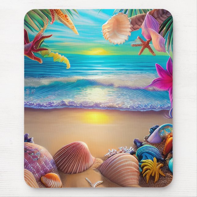 Mousepad Fantasia mística de pôr do sol de praia com flor t (Frente)